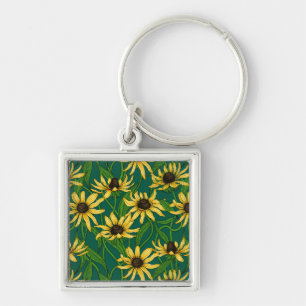 Yellow Rudbekia on dark green Keychain