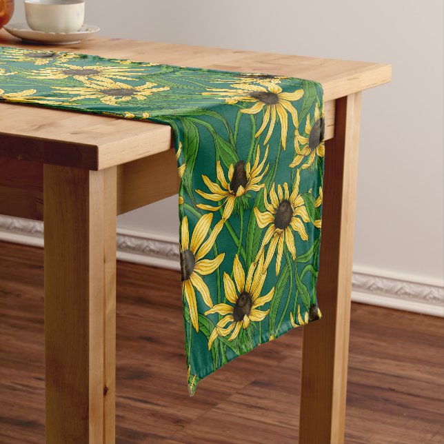 Yellow Rudbekia on dark green Short Table Runner (In Situ)