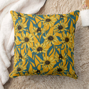 Yellow Rudbekia on dark green Throw Pillow