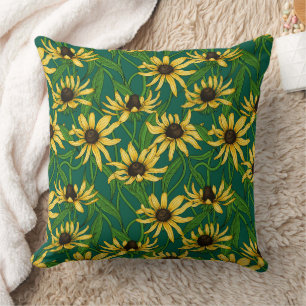 Yellow Rudbekia on dark green Throw Pillow