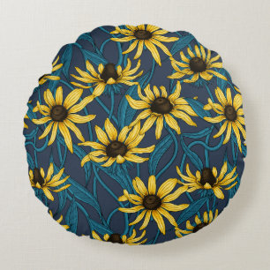 Yellow Rudbekia on navy Round Pillow