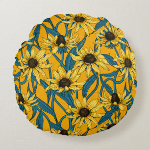 Yellow Rudbekia on yellow Round Pillow