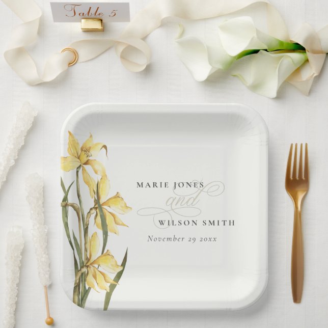 Yellow Rustic Daffodil Floral Watercolor Wedding Paper Plate (Wedding)