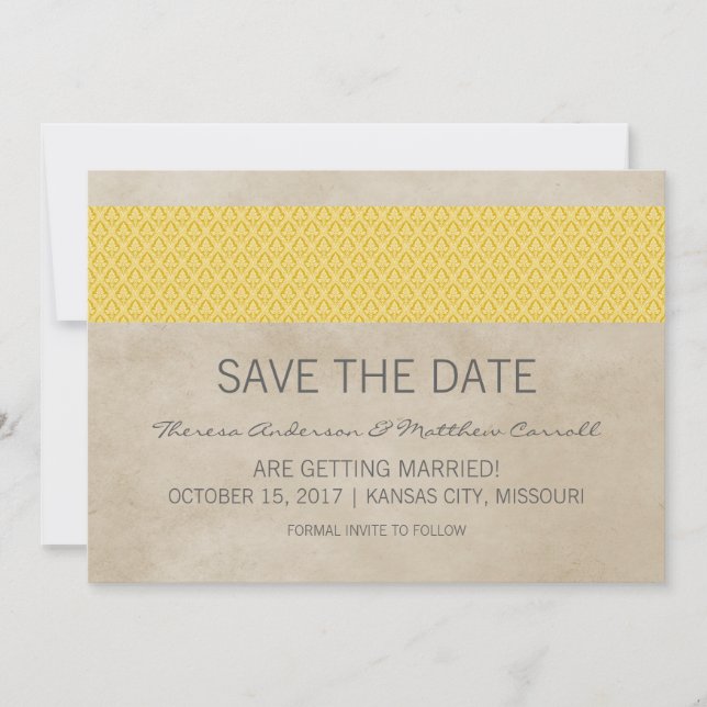 Yellow Rustic Damask Save the Date Invite (Front)