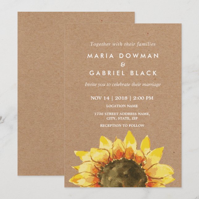 Yellow Rustic sunflower. Country  wedding Invitation (Front/Back)