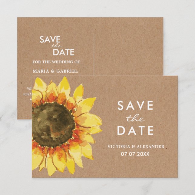 Yellow Rustic sunflower. Postcard save the date (Front/Back)