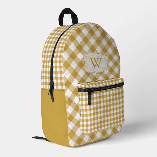 Yellow Saffron Mustard Gingham monogrammed Printed Backpack (Back Corner Left)