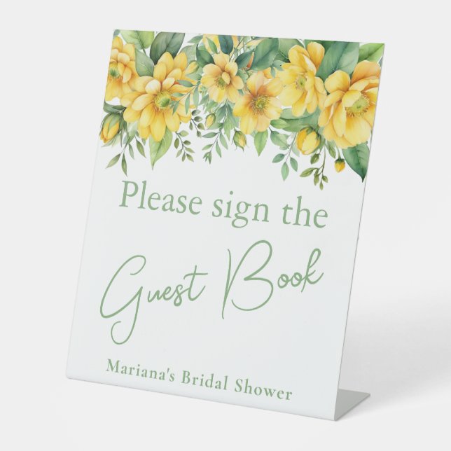 Yellow Sage Floral Bridal Shower Guest Book Table Pedestal Sign (Front)