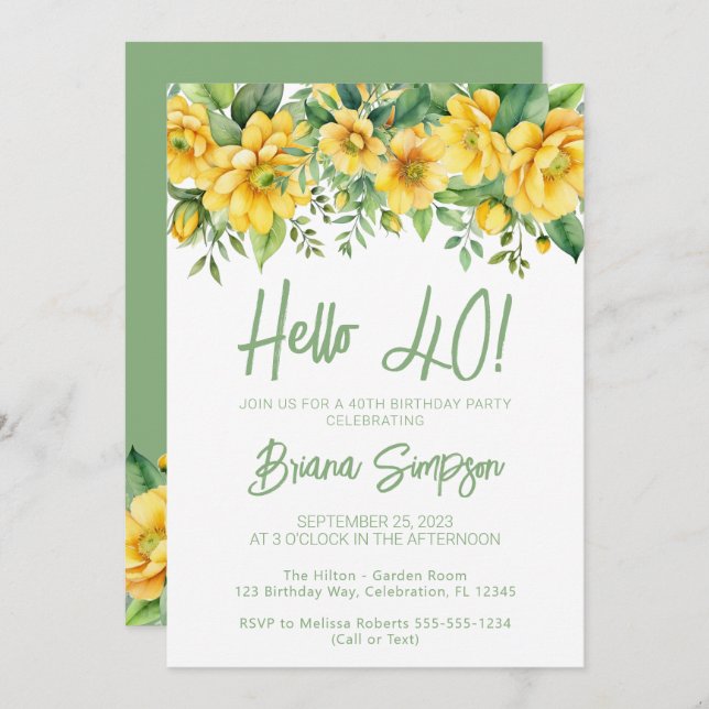 Yellow Sage Green Floral 40th Birthday Party Invitation (Front/Back)