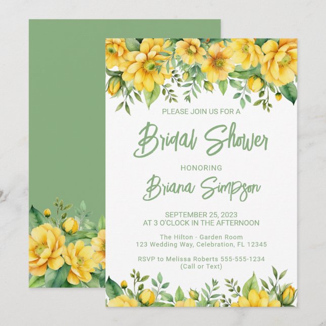 Yellow Sage Green Floral Bridal Shower  Invitation (Front/Back)