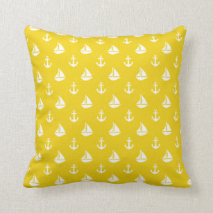 Yellow Sailboats and Anchors Pattern Throw Pillow