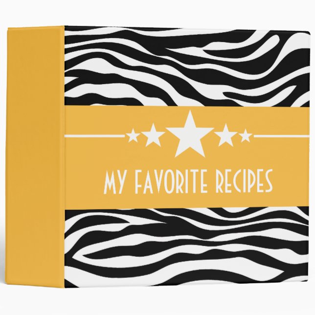 Yellow Sassy Star Zebra (2 inch) Recipe Binder (Front/Spine)