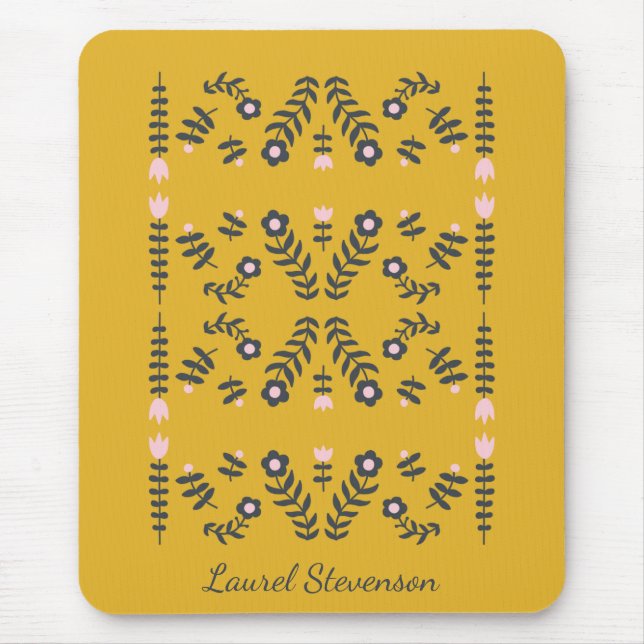 Yellow Scandinavian Folk Flower Personalized Mouse Pad (Front)