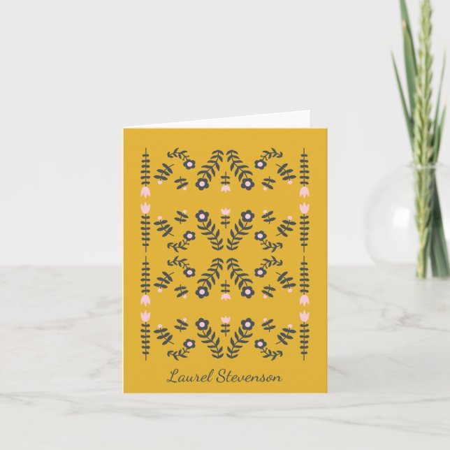 Yellow Scandinavian Folk Flower Personalized Note Card (Front)