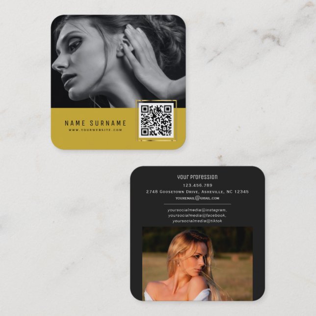 Yellow scannable barcode QR code photo Square Business Card (Front/Back)