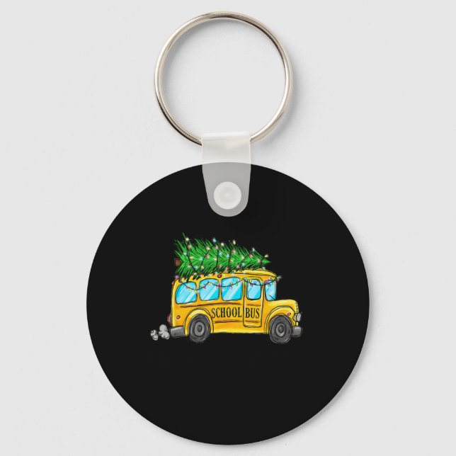 Yellow School Bus Christmas Light Tree Driver Paja Keychain (Front)