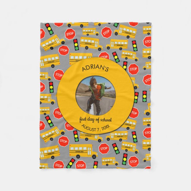 Yellow School Bus First Day of School Custom Photo Fleece Blanket (Front)