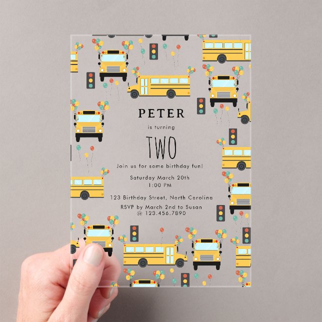 Yellow School Bus Kids Birthday Party Acrylic Invitations (Insitu (Handheld))