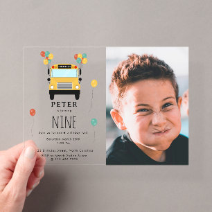 Yellow School Bus Kids Birthday Party Custom Photo Acrylic Invitations
