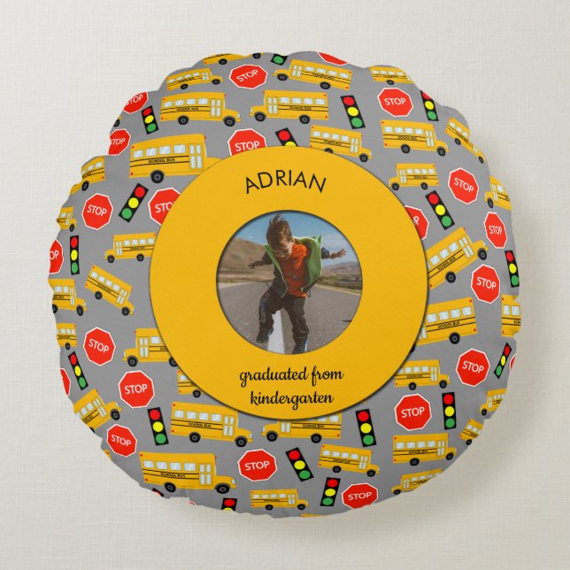Yellow School Bus Kindergarten Graduation Round Pillow (Front)