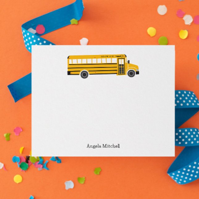 Yellow School Bus Personal Stationery Invitation (fun personalized yellow school bus flat note card stationery with custom name and route number)