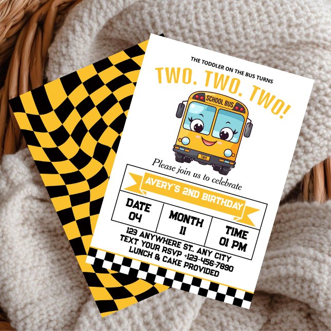 Yellow School Bus Second 2nd birthday Party Invitation (Creator Uploaded)
