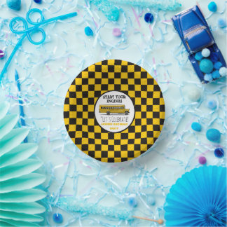 Yellow School Bus Stop Sign Boys Birthday Paper Plate