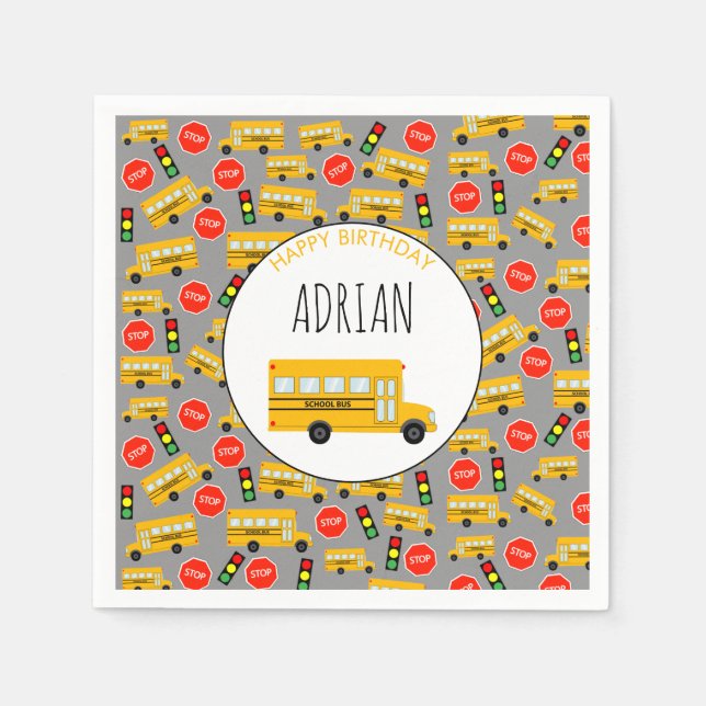 Yellow School Bus Stop Sign Traffic Light Birthday Napkin (Front)