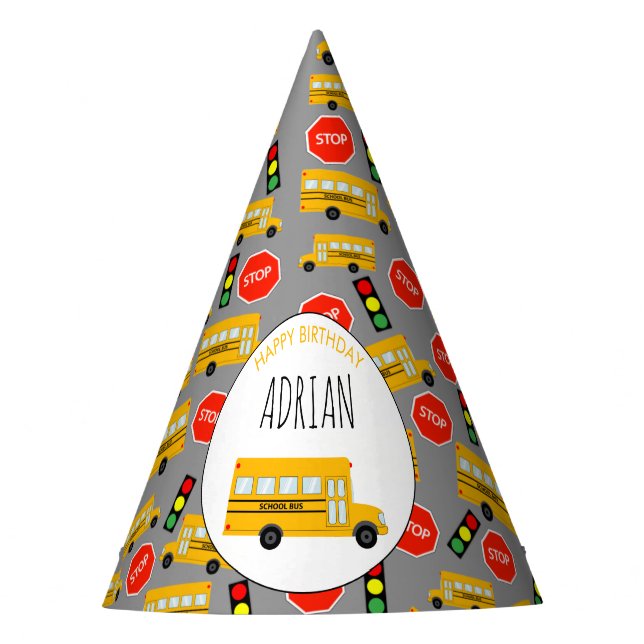 Yellow School Bus Stop Sign Traffic Light Birthday Party Hat (Front)