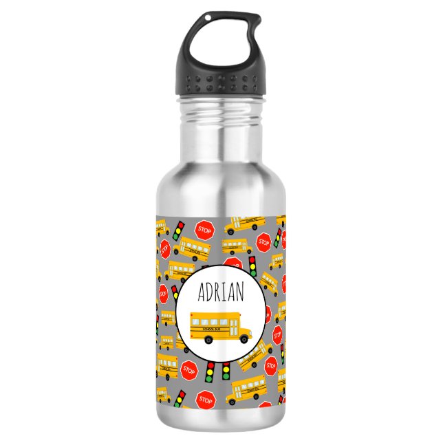 Yellow School Bus Stop Sign Traffic Lights Pattern 532 Ml Water Bottle (Front)