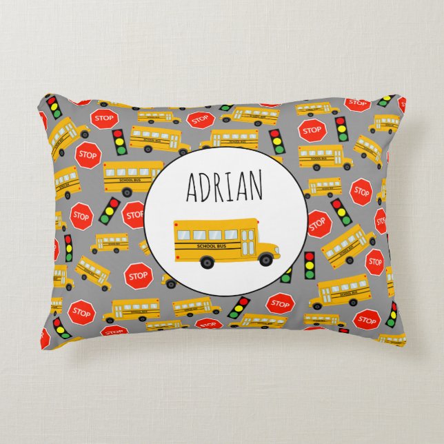 Yellow School Bus Stop Sign Traffic Lights Pattern Accent Pillow (Front)