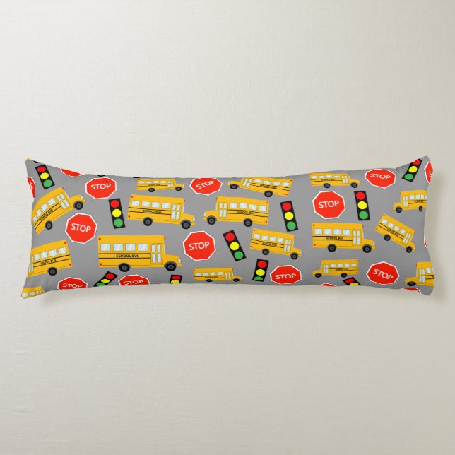Yellow School Bus Stop Sign Traffic Lights Pattern Body Pillow (Front)