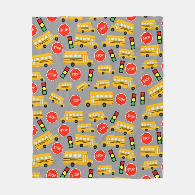 Yellow School Bus Stop Sign Traffic Lights Pattern Fleece Blanket (Front)