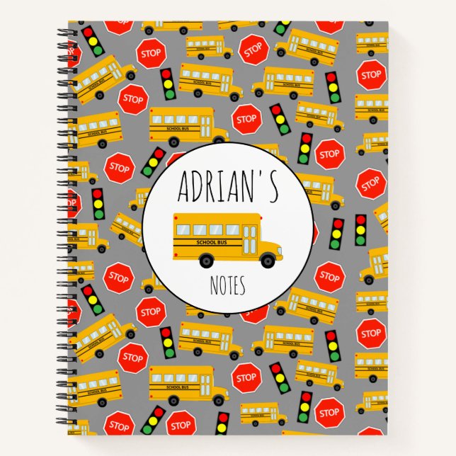 Yellow School Bus Stop Sign Traffic Lights Pattern Notebook (Front)