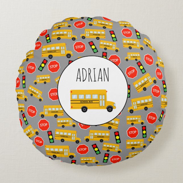 Yellow School Bus Stop Sign Traffic Lights Pattern Round Pillow (Front)