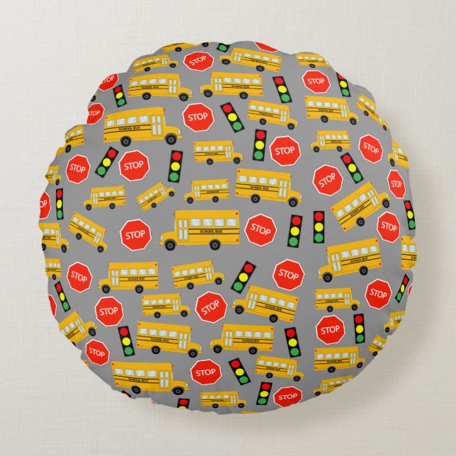 Yellow School Bus Stop Sign Traffic Lights Pattern Round Pillow (Front)