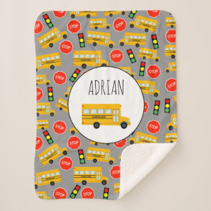 Yellow School Bus Stop Sign Traffic Lights Pattern Sherpa Blanket