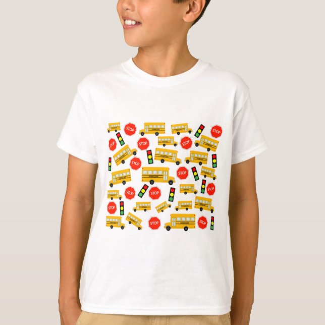 Yellow School Bus Stop Sign Traffic Lights Pattern T-Shirt (Front)