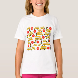 Yellow School Bus Stop Sign Traffic Lights Pattern T-Shirt