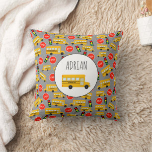 Yellow School Bus Stop Sign Traffic Lights Pattern Throw Pillow