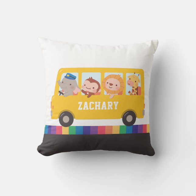 Yellow School Bus With Cute Animals Kids Throw Pillow (Front)