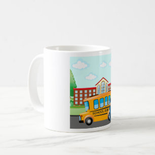 Yellow School Bus with Driver and School Building Coffee Mug