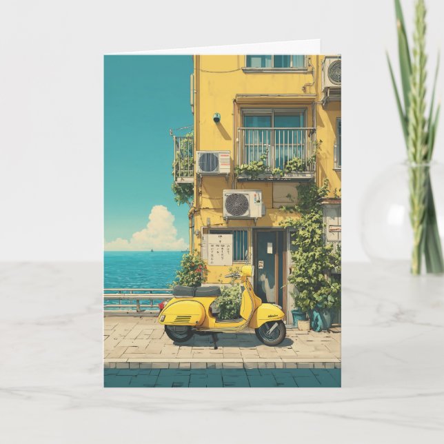 Yellow Scooter by Seaside Card (Front)