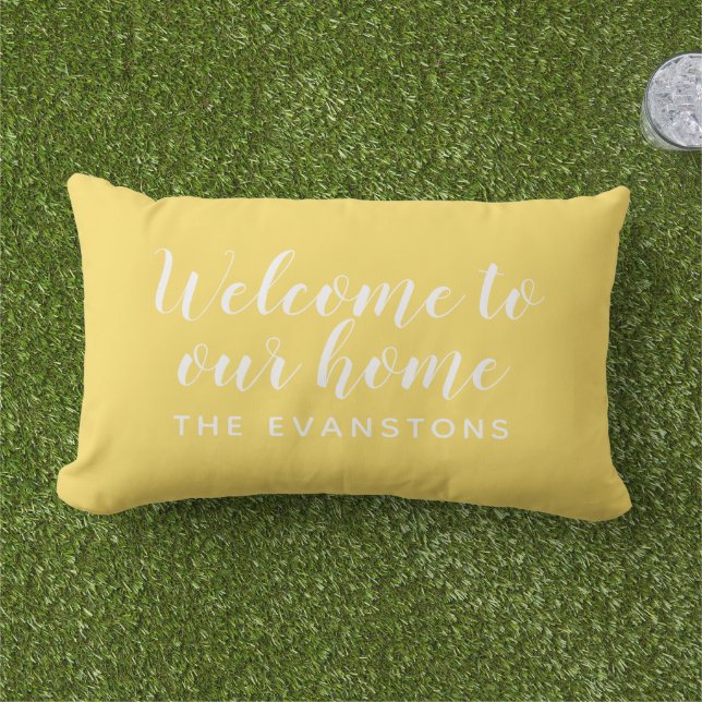 Yellow Script Welcome to Our Home Lumbar Pillow (Grass)