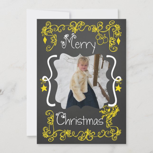 Yellow Scrolls Customized Photo Holiday Card (Front)
