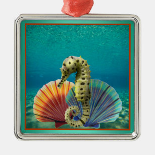 Yellow Seahorse and Scallop Shells Metal Ornament
