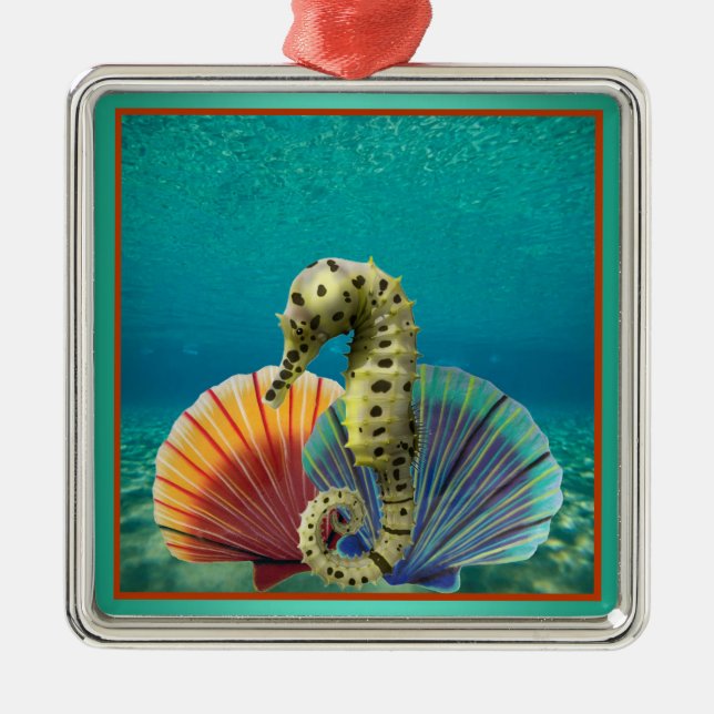 Yellow Seahorse and Scallop Shells Metal Ornament (Front)