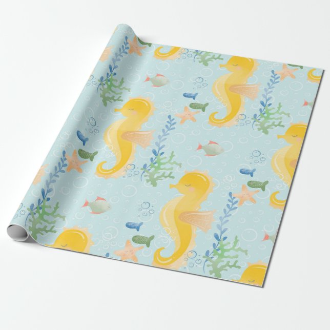 Yellow Seahorse Under Sea Baby Shower Pattern Wrapping Paper (Unrolled)
