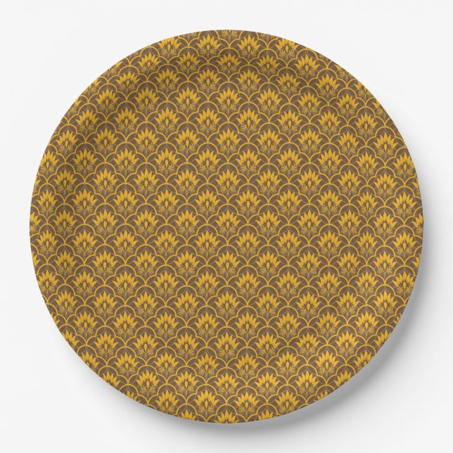 Yellow seamless vintage damask pattern paper plate (Front)