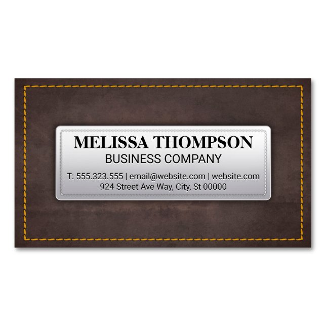 Yellow Seems | Brown Leather Texture Magnetic Business Card (Front)
